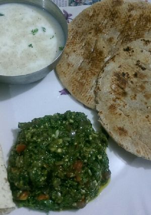 A picture of Harabhara bangan bhartha,bhakhri butter milk,papad.