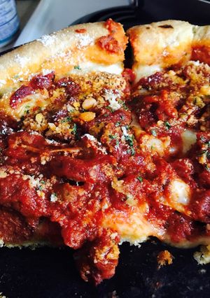 A picture of BP's Chicago style Deep Dish Pizza.