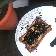 A picture of French toast with chocolate sauce.