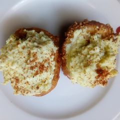 A picture of Deviled eggs with a twist.
