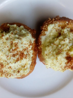 A picture of Deviled eggs with a twist.