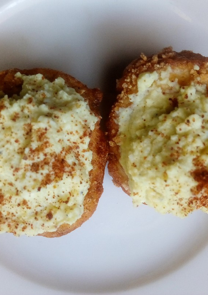 A picture of Deviled eggs with a twist.