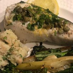 A picture of Caper and lemon halibut with butterbean mash.