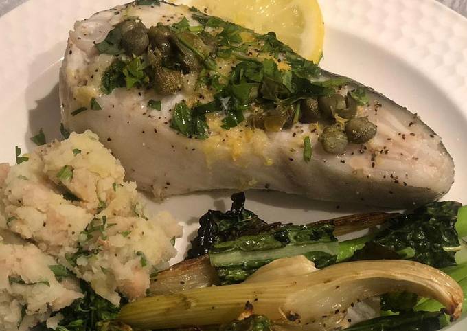 Caper and lemon halibut with butterbean mash