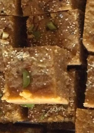 A picture of Mohanthal with condensed milk.