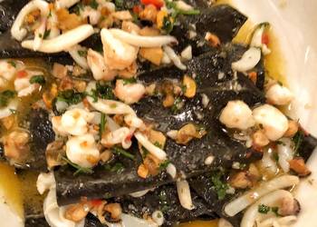 Fast Cooking Methods Black handkerchief pasta with cuttlefish mussels prawn and chilli Delicious Nutritious