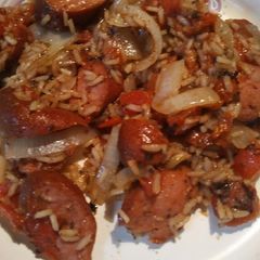 A picture of Rice, Roasted Tomatoes, and Sausage, with Preserved Lemon Brine.