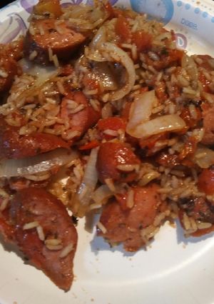 A picture of Rice, Roasted Tomatoes, and Sausage, with Preserved Lemon Brine.