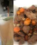Carne, champiñones y tomates cherry a la diabla con fantasía de pomelo de aperitivo.