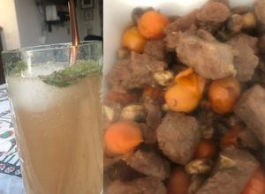 Una foto de Carne, champiñones y tomates cherry a la diabla con fantasía de pomelo de aperitivo.