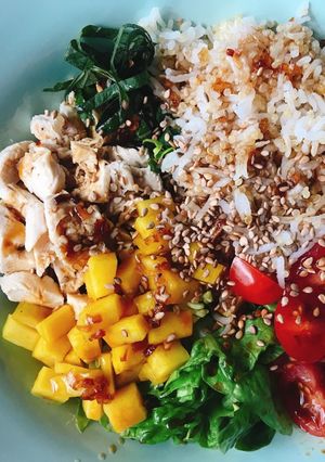 A picture of Rice Bowl - Quinoa Rice with Shredded Chicken & Fresh Vegetables.