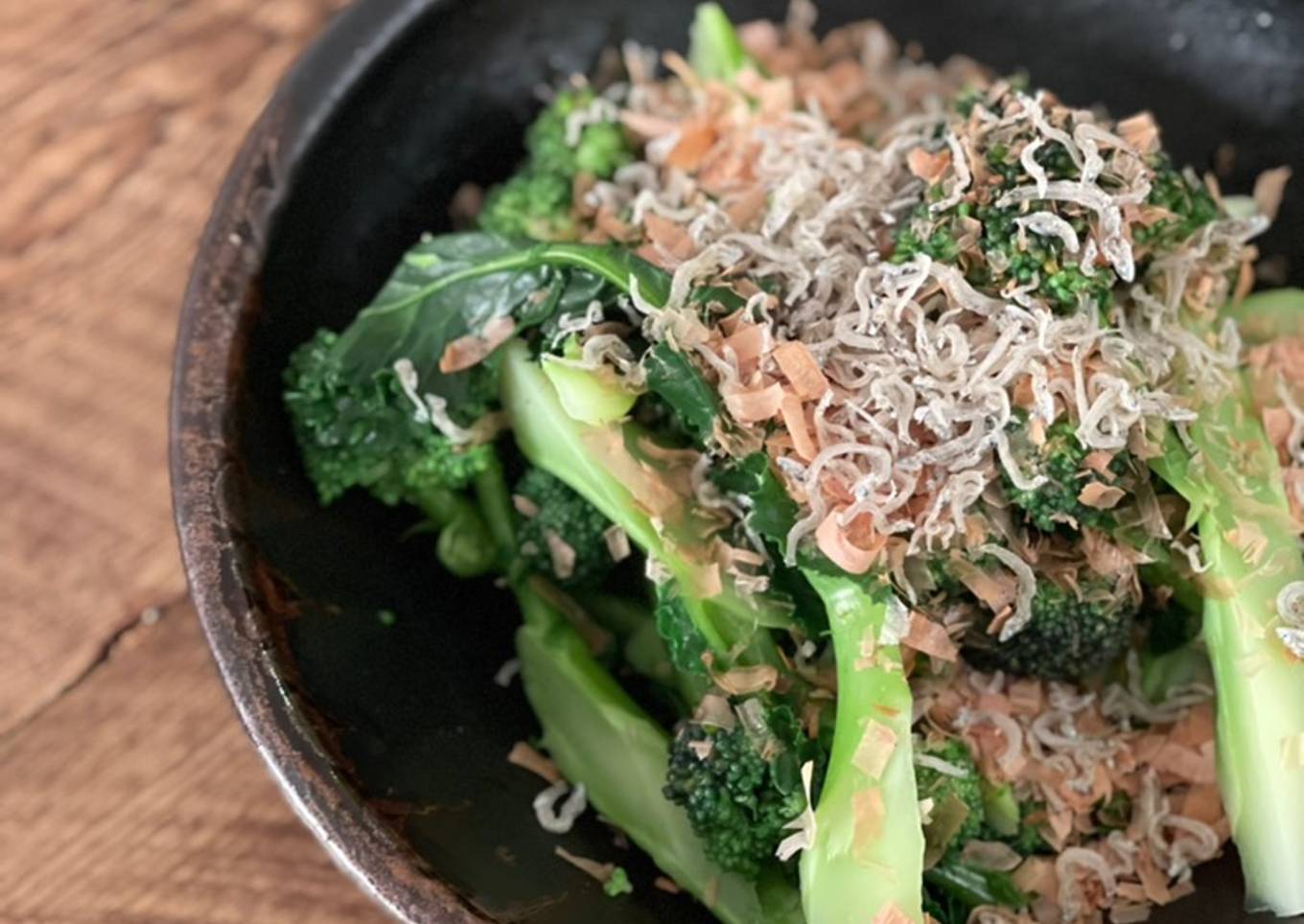 Boiled Purple Sprouting Broccoli with bonito flakes, dried young sardine, Ponzu sauce