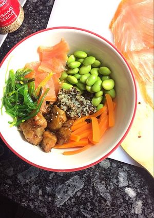 A picture of Hawaiian Poke Bowl with Quinoa & Teriyaki Salmon (for toddlers over 1 year).