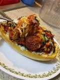 Spaghetti & Meatball filled Spaghetti Squash Boats
