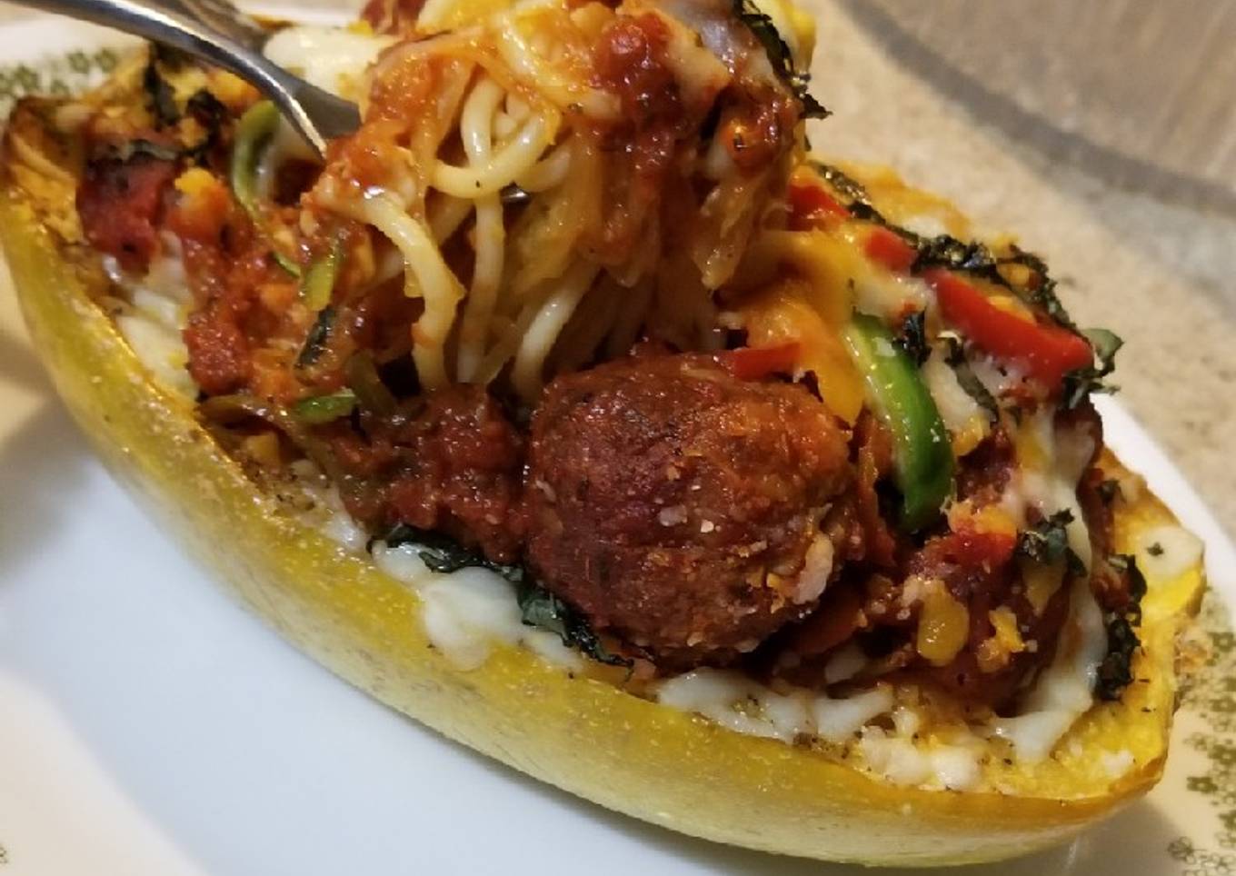 Spaghetti & Meatball filled Spaghetti Squash Boats