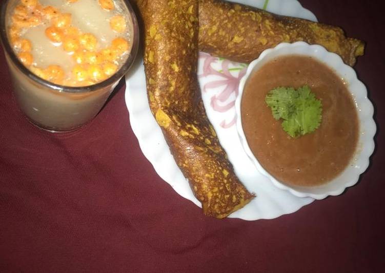 Onion cheela with tomato chutney and Masala Chaas