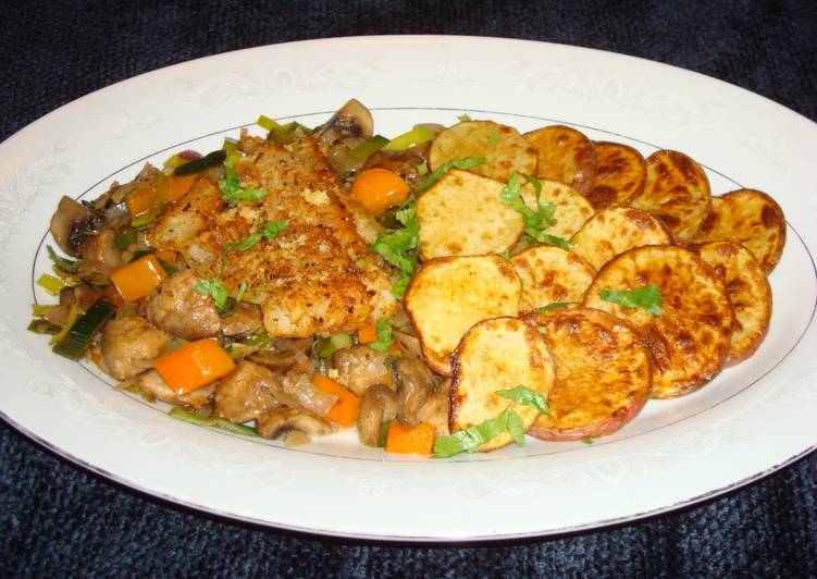 BROILED POLLOCK WITH LEEKS AND CREMINI MUSHROOMS. JON STYLE BROILED POLLOCK WITH LEEKS AND CREMINI MUSHROOMS. JON STYLE