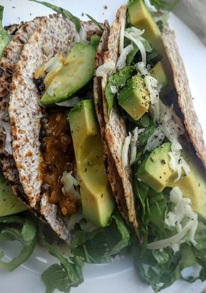A picture of Spicy Lentil & Avocado Tacos.