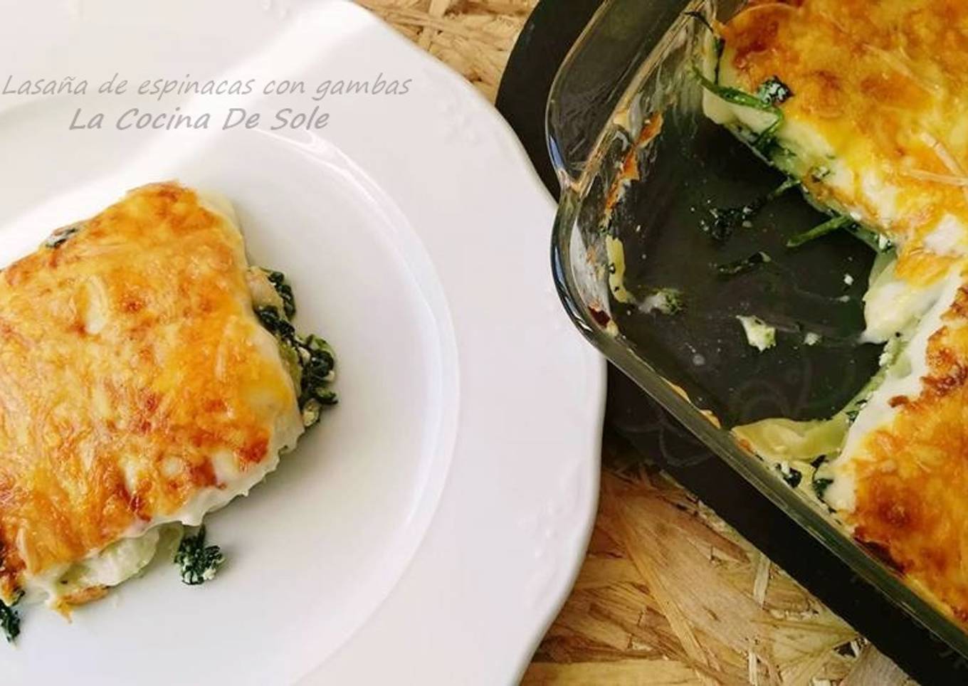 Lasaña de espinacas con gambas