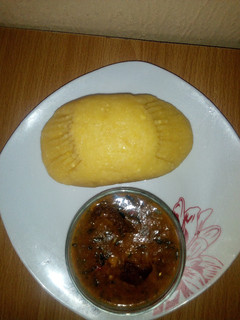 A picture of Eba and Ogbonor soup.
