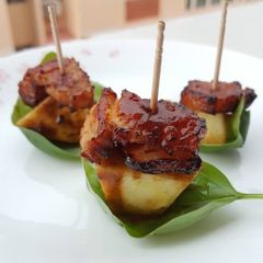 A picture of Deep Fried Pork Belly With BBQ Sauce.