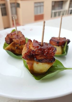 A picture of Deep Fried Pork Belly With BBQ Sauce.