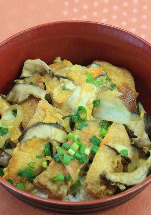 A picture of Fluffy Chicken Katsu Bowl with Tofu and Fried Tofu Pockets.