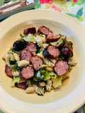 Smoked Chicken sausage, Escarole and beans over quinoa and brown rice pasta