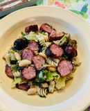 Smoked Chicken sausage, Escarole and beans over quinoa and brown rice pasta