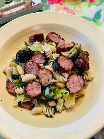 Recipe Smoked Chicken sausage, Escarole and beans over quinoa and brown rice pasta the So Delicious Appealing