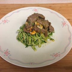 A picture of Beef,mushroom saute', spinack sauce and Fettuccine.