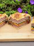 Shooters Sandwich. Pressed Steak and Mushroom Sandwich with 8 layers. Ultimate Steak Sandwich