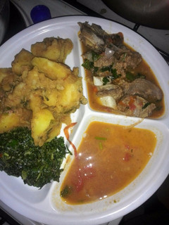A picture of Beef and potato stew and fried veges.