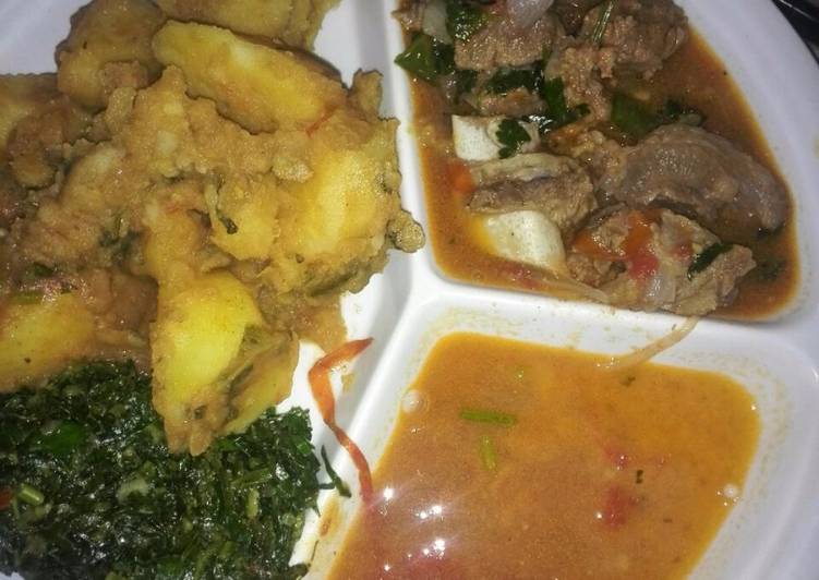 Beef and potato stew and fried veges