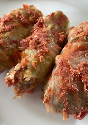 A picture of Holubtsi - Ukrainian stuffed cabbage rolls.