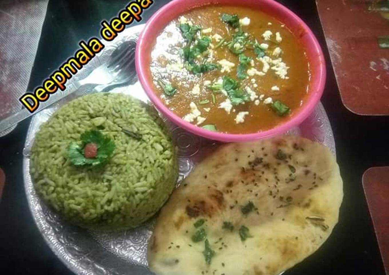 Spinach rice wth potato kofta curry and Naan