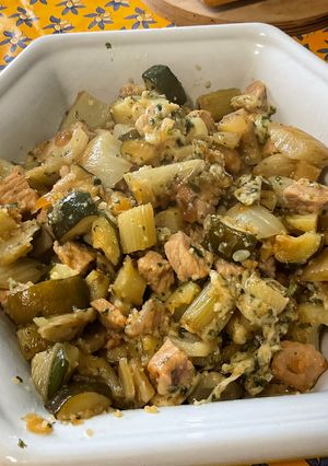 A picture of Pork Sauté with Fennel and Cheesy Zucchini.