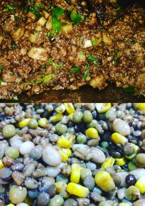 Una foto de Chutney de mondongo y carne al Wok con ensalada de legumbres