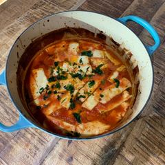 A picture of Smokey tomato & halloumi bake.