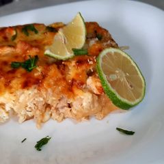 A picture of Potato gratin with chicken strips.