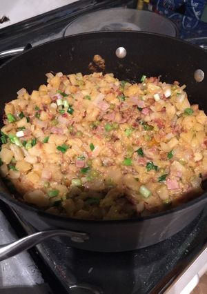A picture of Helly Mellie's bacon cheese hashbrowns.