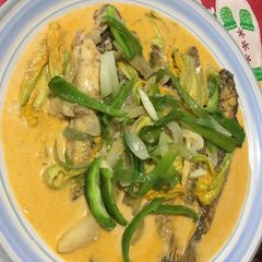 Grey flathead Mullet with Pumpkin Flower in Thai Curry Sauce A picture of Grey flathead Mullet with Pumpkin Flower in Thai Curry Sauce.