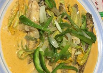 Fresh, Cooking Recipe Grey flathead Mullet with Pumpkin Flower in Thai Curry Sauce Delicious Perfect