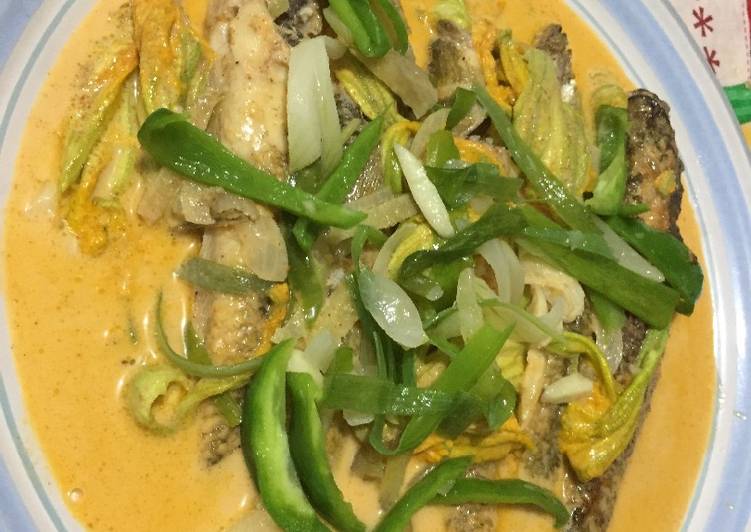 Grey flathead Mullet with Pumpkin Flower in Thai Curry Sauce Grey flathead Mullet with Pumpkin Flower in Thai Curry Sauce
