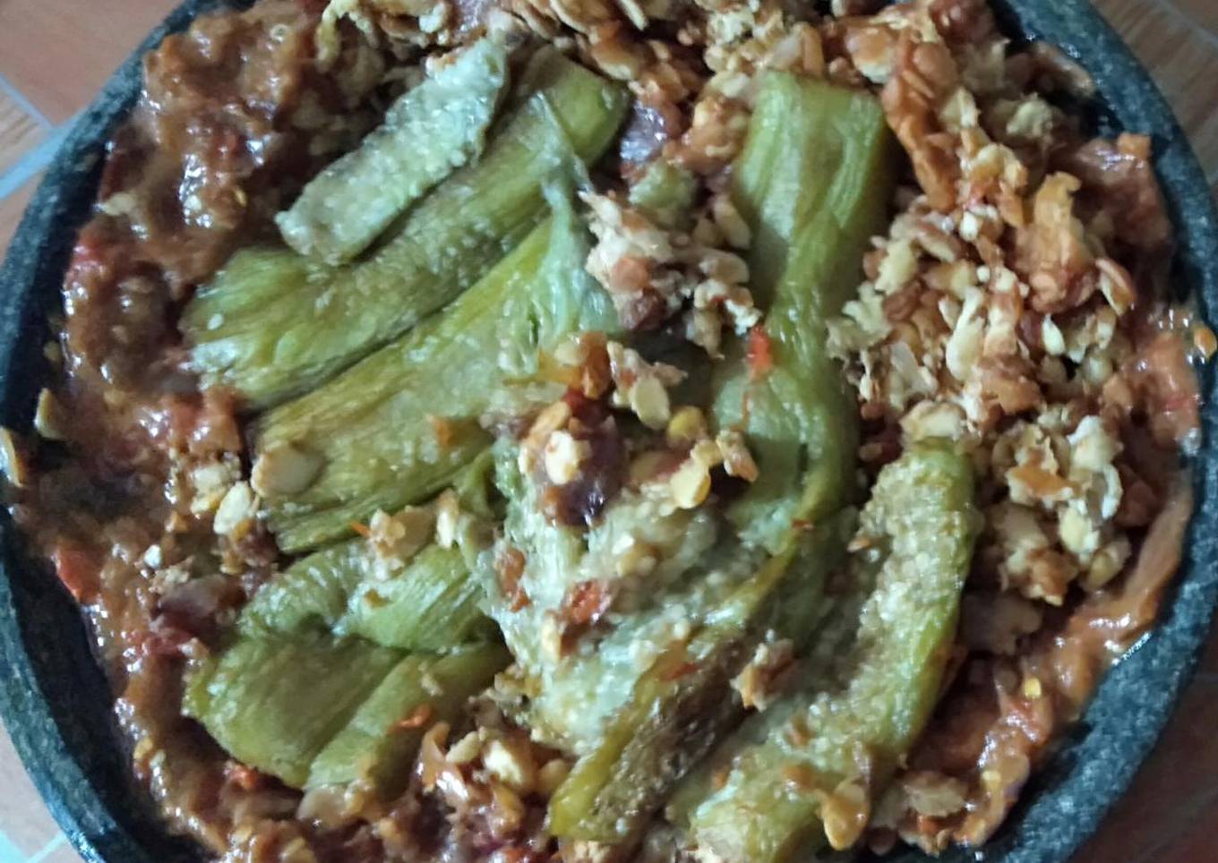 Egg plant and Tempe Mashed in Chili Sauce (penyet tempe terong)