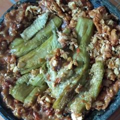 Egg plant and Tempe Mashed in Chili Sauce (penyet tempe terong) A picture of Egg plant and Tempe Mashed in Chili Sauce (penyet tempe terong).