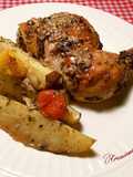 Pollo al horno con majado de hígado y patatas rojas asadas