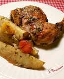 Pollo al horno con majado de hígado y patatas rojas asadas
