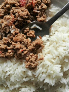 A picture of Minced meat served with plain rice.