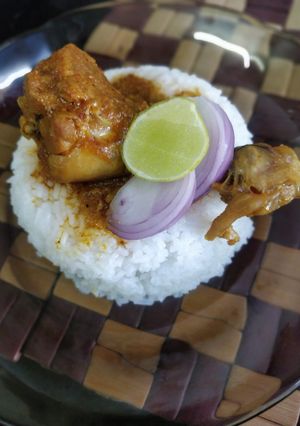 A picture of Chicken curry and Rice.